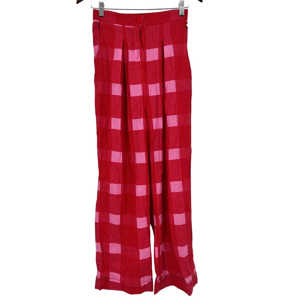 Anthropologie Porridge Red pink Plaid Wide-Leg Pants pockets preppy boho size XS - Picture 2 of 9